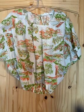 Cynthia Rowley White Linen Blouse with Green & Coral Floral Print